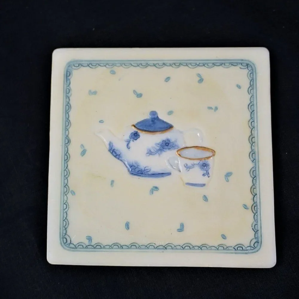 Vintage Tea Time Ceramic Coasters Ivory And Blue With Cork Back Set Of 4